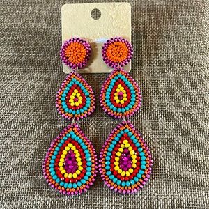 Boho Earrings: Beaded, Felt Backed, Dangle (Pink/Orange/Aqua/Red/Yellow Beads)